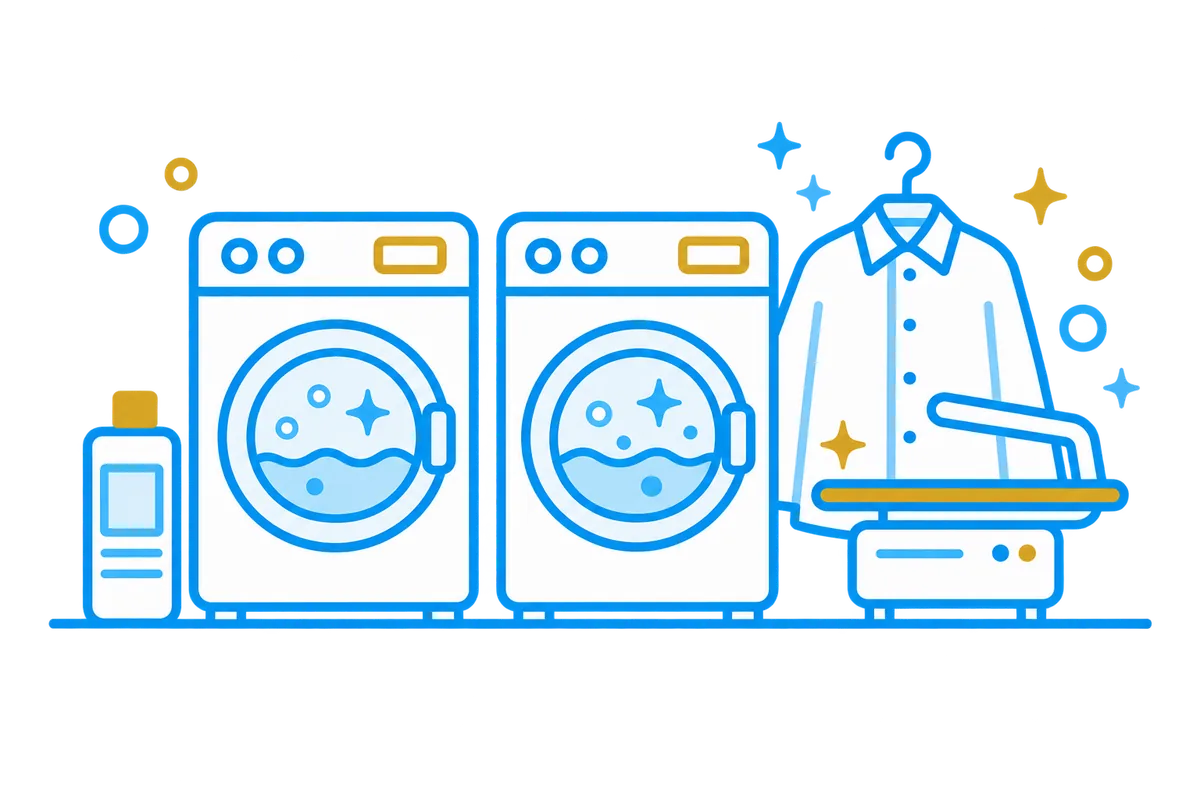 業務用洗濯機とアイロン設備、高機能洗剤のイラスト