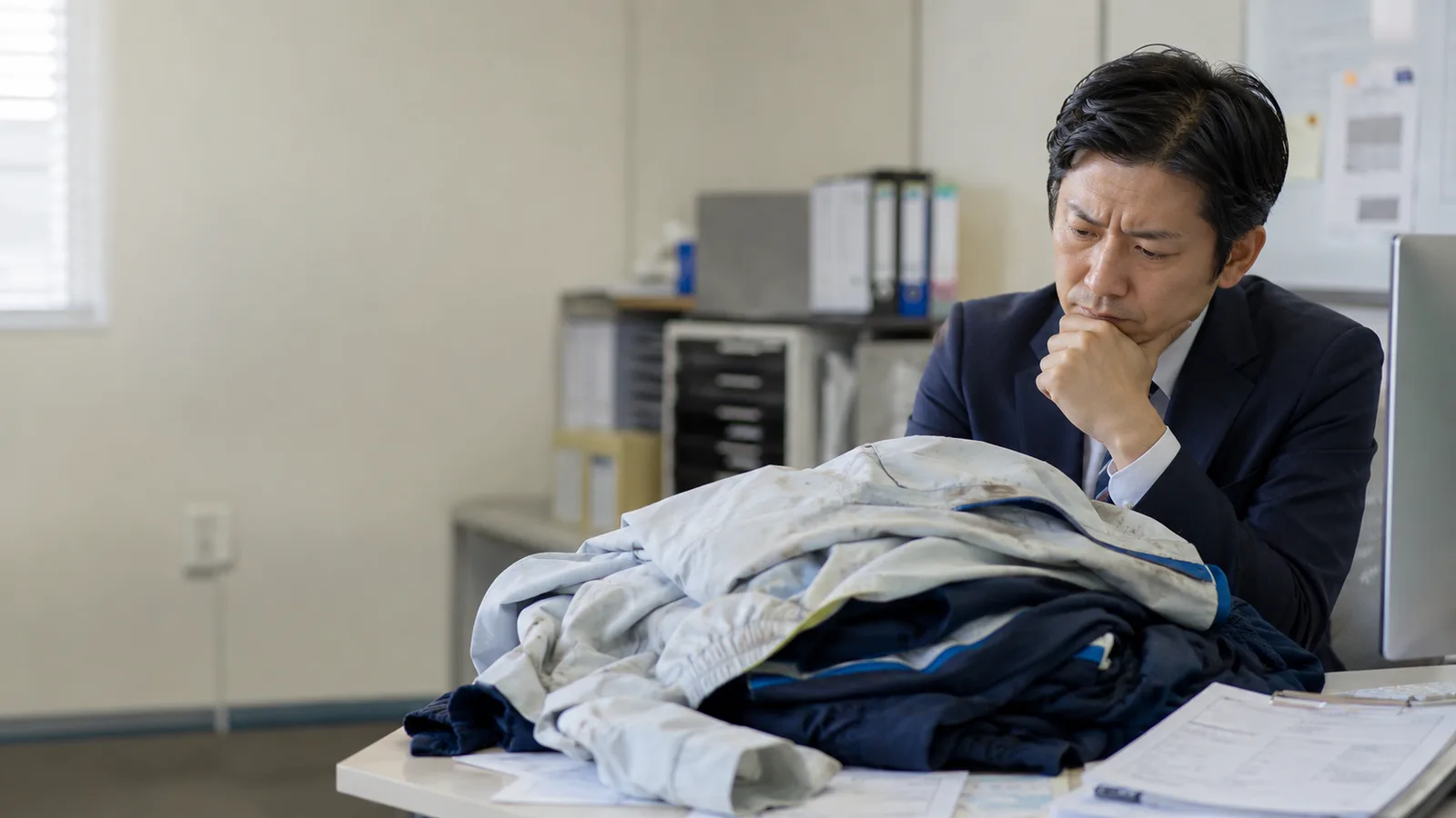 山積みの作業着を前に悩む総務担当者の男性