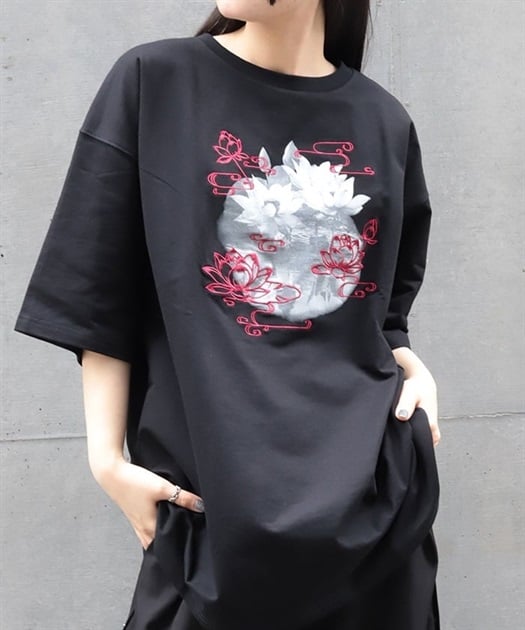 蓮プリント×刺繍Ｔシャツ
