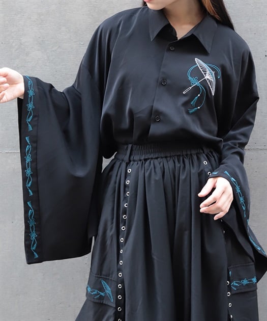 和傘刺繍和袖シャツ