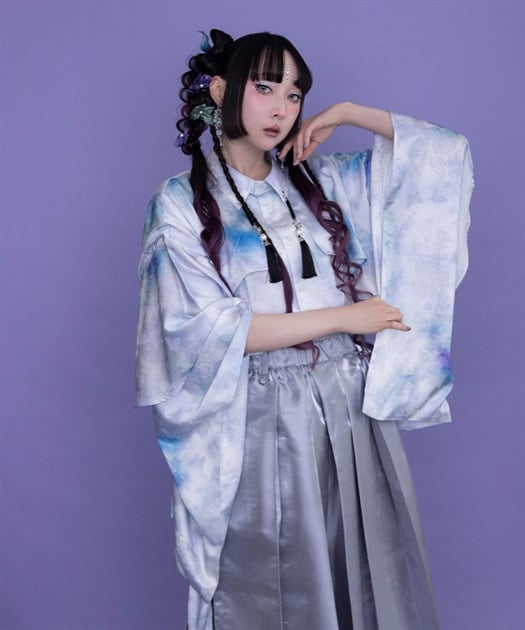紫陽花×蝶ジャガード和袖シャツ