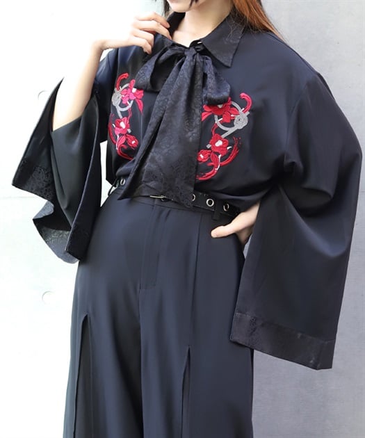 椿×水引刺繍ボウタイ付シャツ
