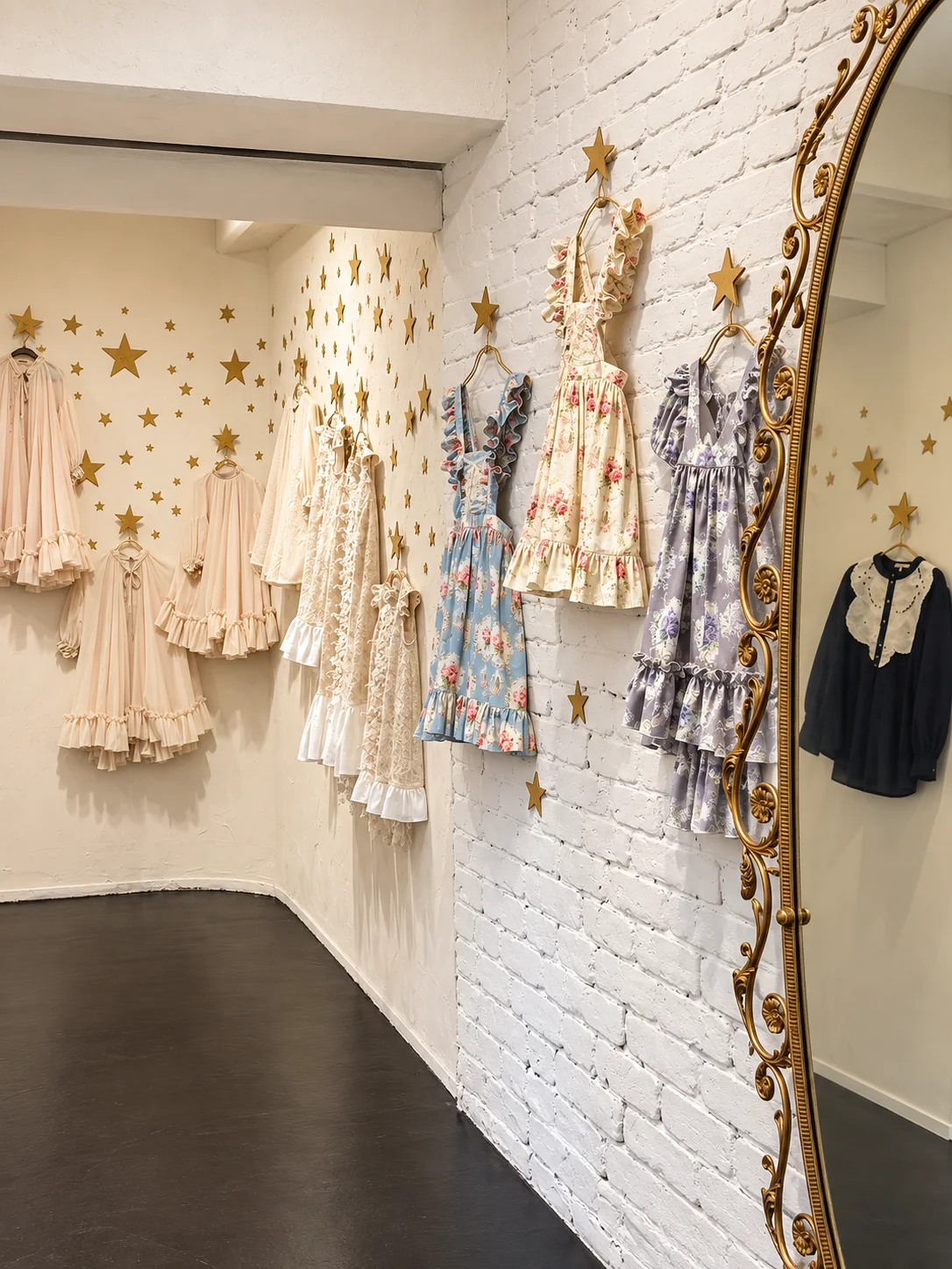衣装のお部屋 ─ 星の壁に並ぶ花柄や空色のドレス ─ Mersei 名古屋 星ヶ丘