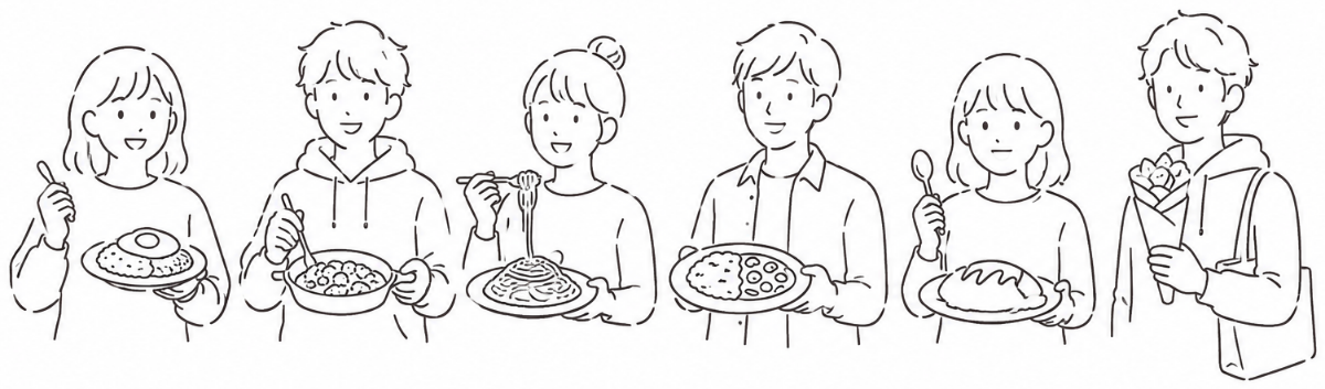 料理を受け取った学生たちのイラスト